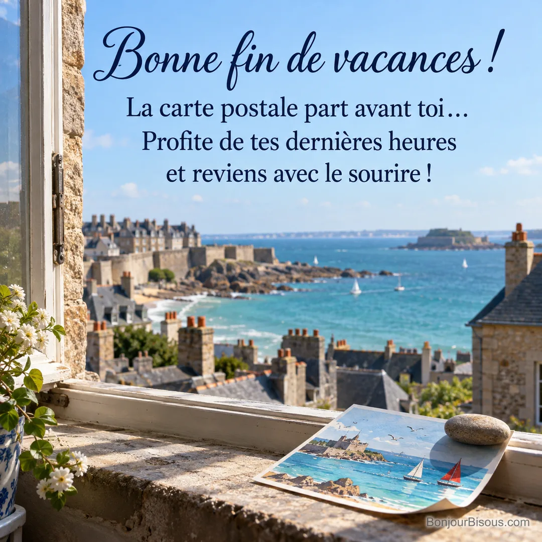 Une carte postale sans inscription se soulève sous un galet à une fenêtre bretonne. Le texte indique : « Bonne fin de vacances ! La carte postale part avant toi… Profite de tes dernières heures et reviens avec le sourire ! » Une carte postale sans inscription se soulève sous un galet à une fenêtre bretonne. Le texte indique : « Bonne fin de vacances ! La carte postale part avant toi… Profite de tes dernières heures et reviens avec le sourire ! »