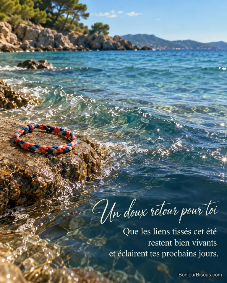 Un bracelet tressé corail et bleu repose sur un rocher près d’une petite vague. Le texte indique : « Un doux retour pour toi Que les liens tissés cet été restent bien vivants et éclairent tes prochains jours. »