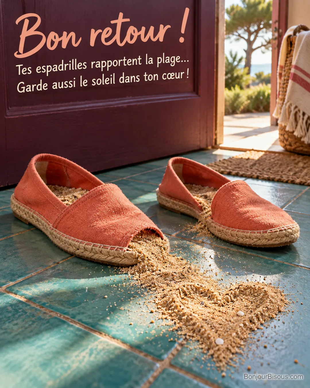 Deux espadrilles corail laissent échapper un petit cœur de sable sur un carrelage turquoise, avec le texte « Bon retour ! Tes espadrilles rapportent la plage… Garde aussi le soleil dans ton cœur ! ». Deux espadrilles corail laissent échapper un petit cœur de sable sur un carrelage turquoise, avec le texte « Bon retour ! Tes espadrilles rapportent la plage… Garde aussi le soleil dans ton cœur ! ».