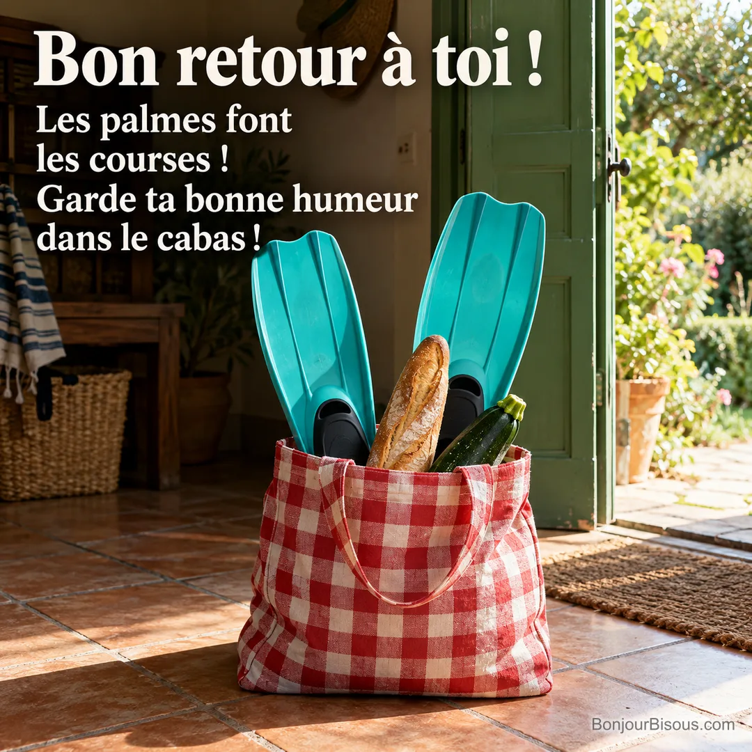 Deux longues palmes turquoise dépassent d’un cabas rouge de courses près d’une porte de cuisine ouverte, avec le message « Bon retour à toi ! Les palmes font les courses ! Garde ta bonne humeur dans le cabas ! ».
