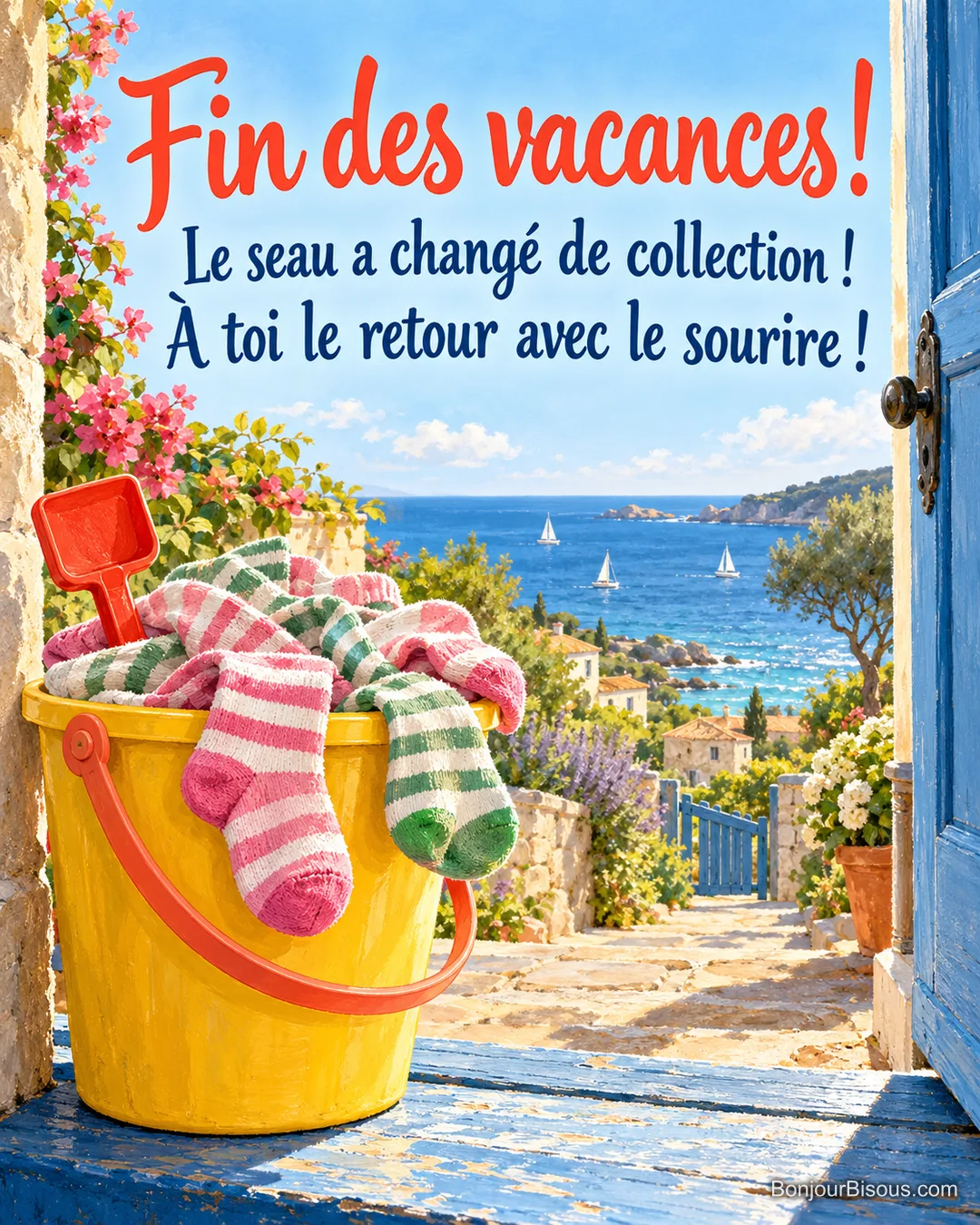 Un seau de plage jaune déborde de chaussettes rayées dans une entrée ouverte sur la mer, avec le message « Fin des vacances ! Le seau a changé de collection ! À toi le retour avec le sourire ! ». Un seau de plage jaune déborde de chaussettes rayées dans une entrée ouverte sur la mer, avec le message « Fin des vacances ! Le seau a changé de collection ! À toi le retour avec le sourire ! ».