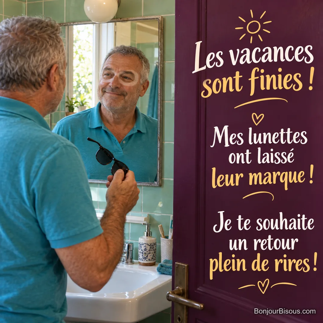 Un homme sourit devant son reflet en découvrant les traces claires laissées par ses lunettes de soleil, avec le message « Les vacances sont finies ! Mes lunettes ont laissé leur marque ! Je te souhaite un retour plein de rires ! ». Un homme sourit devant son reflet en découvrant les traces claires laissées par ses lunettes de soleil, avec le message « Les vacances sont finies ! Mes lunettes ont laissé leur marque ! Je te souhaite un retour plein de rires ! ».