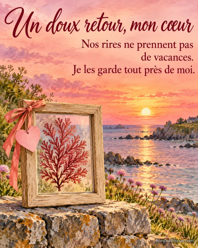 Une petite algue séchée est préservée dans un cadre de verre noué d’un ruban corail devant la mer au couchant, avec le message « Un doux retour, mon cœur Nos rires ne prennent pas de vacances. Je les garde tout près de moi. ».