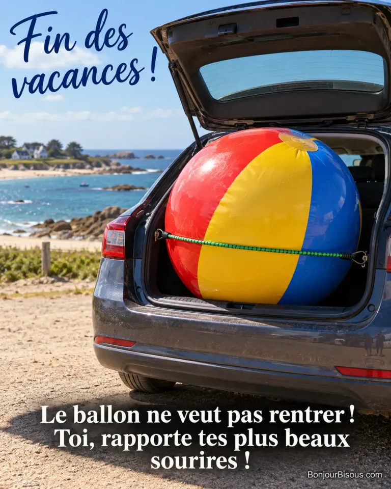 Un énorme ballon de plage est retenu par un sandow vert dans le coffre ouvert d’une voiture près de la mer, avec le message « Fin des vacances ! Le ballon ne veut pas rentrer ! Toi, rapporte tes plus beaux sourires ! ».