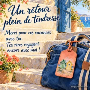 Une étiquette de bagage corail illustrée de deux cabines de plage est attachée à un sac bleu devant une maison de bord de mer, avec le message « Un retour plein de tendresse Merci pour ces vacances avec toi. Tes rires voyagent encore avec moi ! ».