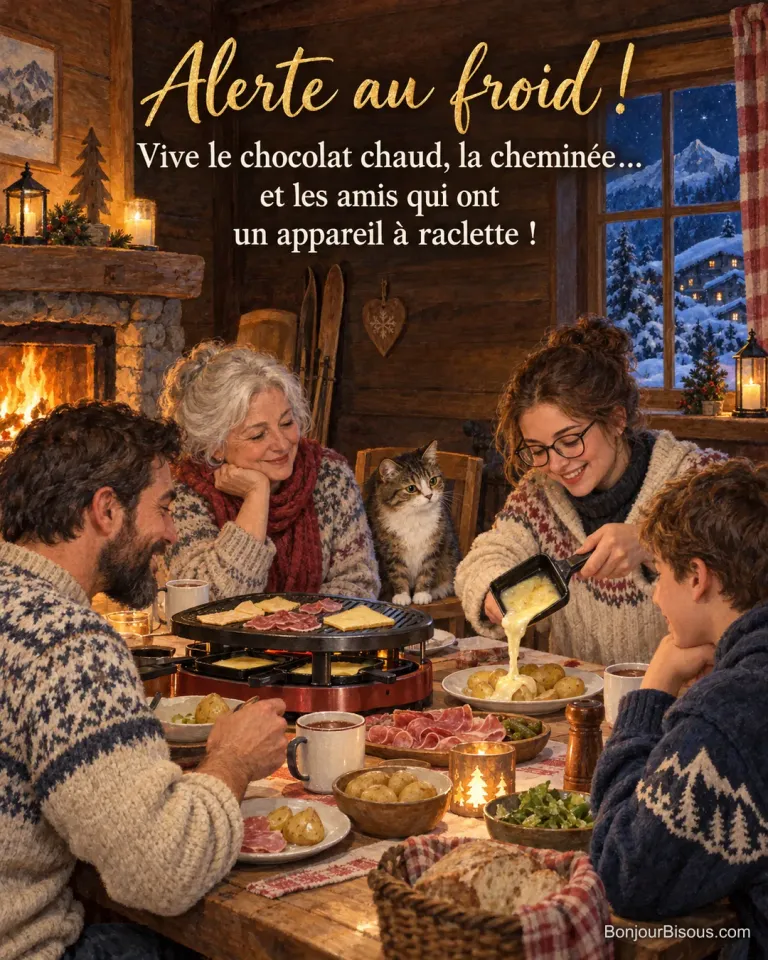 Peinture de quatre amis autour d’un appareil à raclette dans un chalet, l’une fait couler le fromage sur les pommes de terre, un chat sur une chaise et la neige à la fenêtre, avec le texte « Alerte au froid ! Vive le chocolat chaud, la cheminée… et les amis qui ont un appareil à raclette ! »
