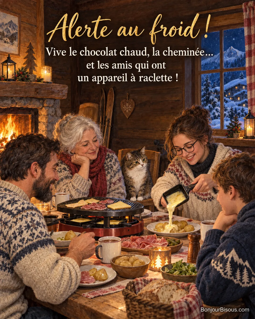 Peinture de quatre amis autour d’un appareil à raclette dans un chalet, l’une fait couler le fromage sur les pommes de terre, un chat sur une chaise et la neige à la fenêtre, avec le texte « Alerte au froid ! Vive le chocolat chaud, la cheminée… et les amis qui ont un appareil à raclette ! » Peinture de quatre amis autour d’un appareil à raclette dans un chalet, l’une fait couler le fromage sur les pommes de terre, un chat sur une chaise et la neige à la fenêtre, avec le texte « Alerte au froid ! Vive le chocolat chaud, la cheminée… et les amis qui ont un appareil à raclette ! »