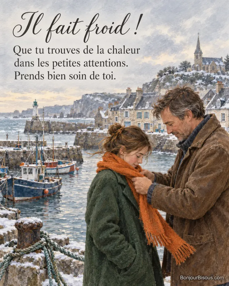 Un père ajuste l’écharpe orange de sa fille dans un petit port normand balayé par le vent, avec le texte « Il fait froid ! Que tu trouves de la chaleur dans les petites attentions. Prends bien soin de toi. ».