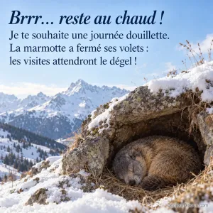 Une marmotte endormie se blottit parmi des herbes sèches dans un terrier alpin enneigé, avec le texte « Brrr… reste au chaud ! Je te souhaite une journée douillette. La marmotte a fermé ses volets : les visites attendront le dégel ! ».