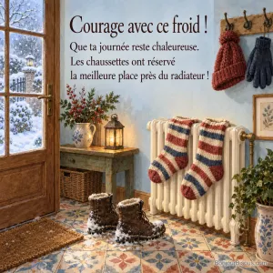 Deux chaussettes sèchent sur un radiateur, au-dessus de deux bottes enneigées dans une entrée chaleureuse, avec le texte « Courage avec ce froid ! Que ta journée reste chaleureuse. Les chaussettes ont réservé la meilleure place près du radiateur ! ».