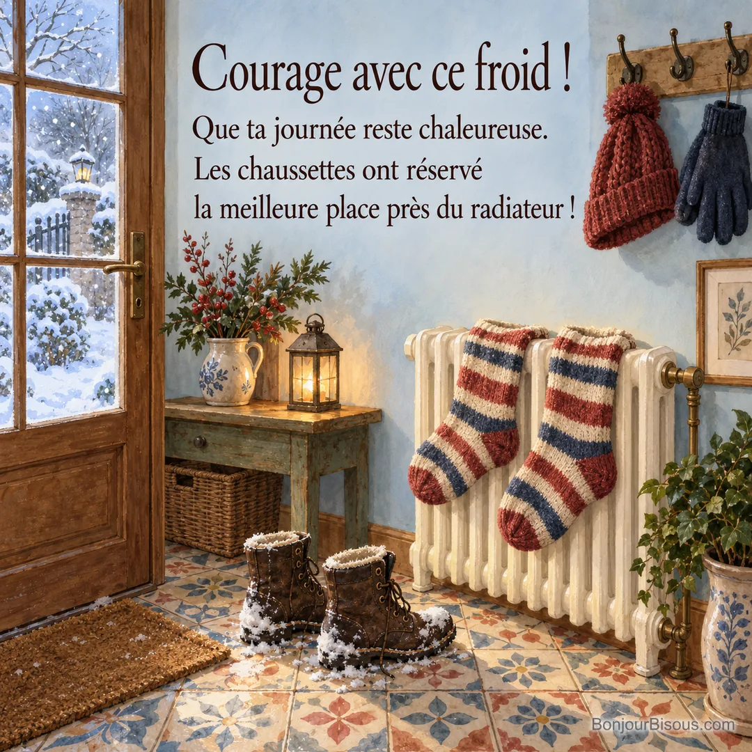 Deux chaussettes sèchent sur un radiateur, au-dessus de deux bottes enneigées dans une entrée chaleureuse, avec le texte « Courage avec ce froid ! Que ta journée reste chaleureuse. Les chaussettes ont réservé la meilleure place près du radiateur ! ». Deux chaussettes sèchent sur un radiateur, au-dessus de deux bottes enneigées dans une entrée chaleureuse, avec le texte « Courage avec ce froid ! Que ta journée reste chaleureuse. Les chaussettes ont réservé la meilleure place près du radiateur ! ».
