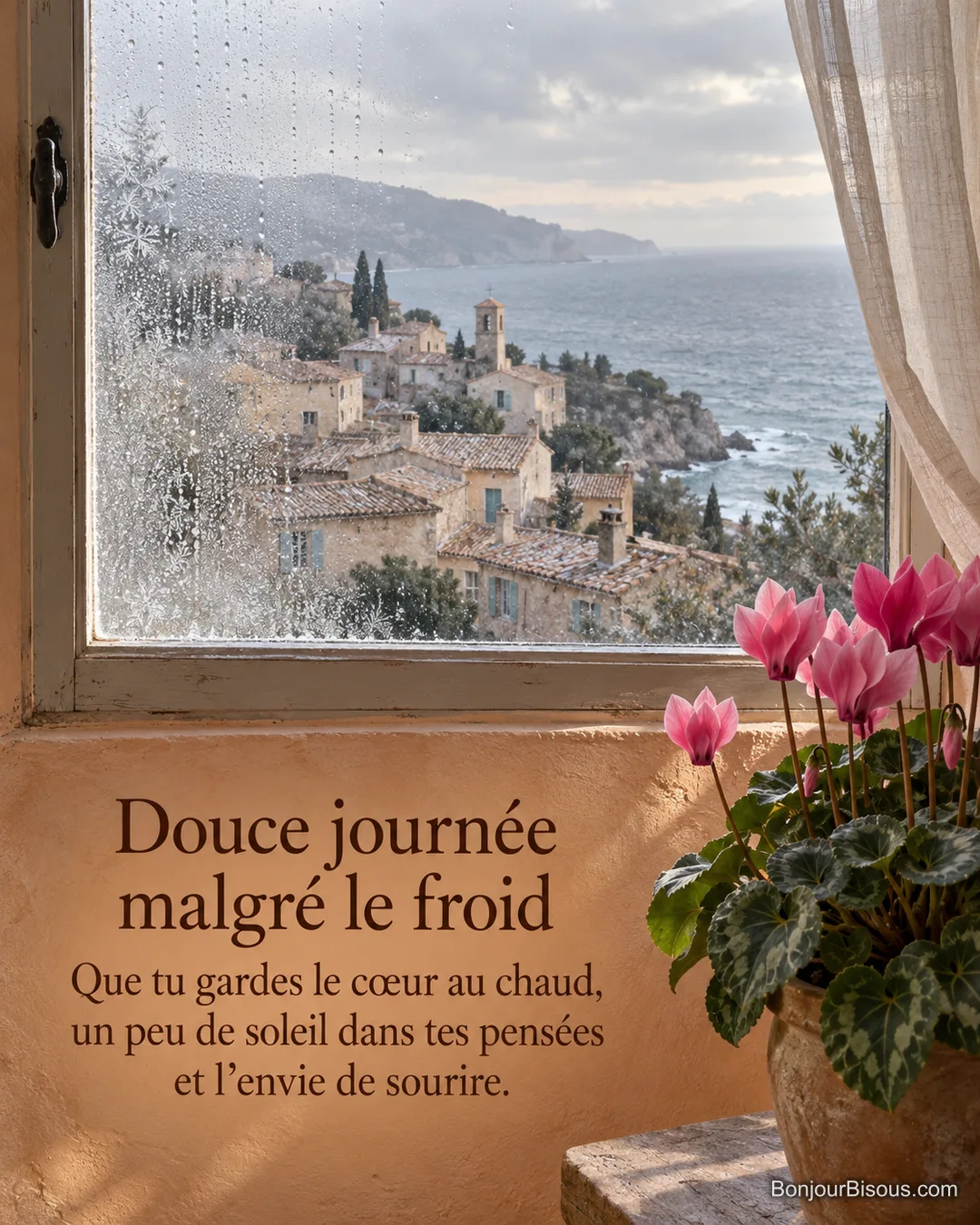 Des cyclamens roses illuminent une fenêtre donnant sur un village méditerranéen en hiver, avec le texte « Douce journée malgré le froid Que tu gardes le cœur au chaud, un peu de soleil dans tes pensées et l’envie de sourire. ». Des cyclamens roses illuminent une fenêtre donnant sur un village méditerranéen en hiver, avec le texte « Douce journée malgré le froid Que tu gardes le cœur au chaud, un peu de soleil dans tes pensées et l’envie de sourire. ».