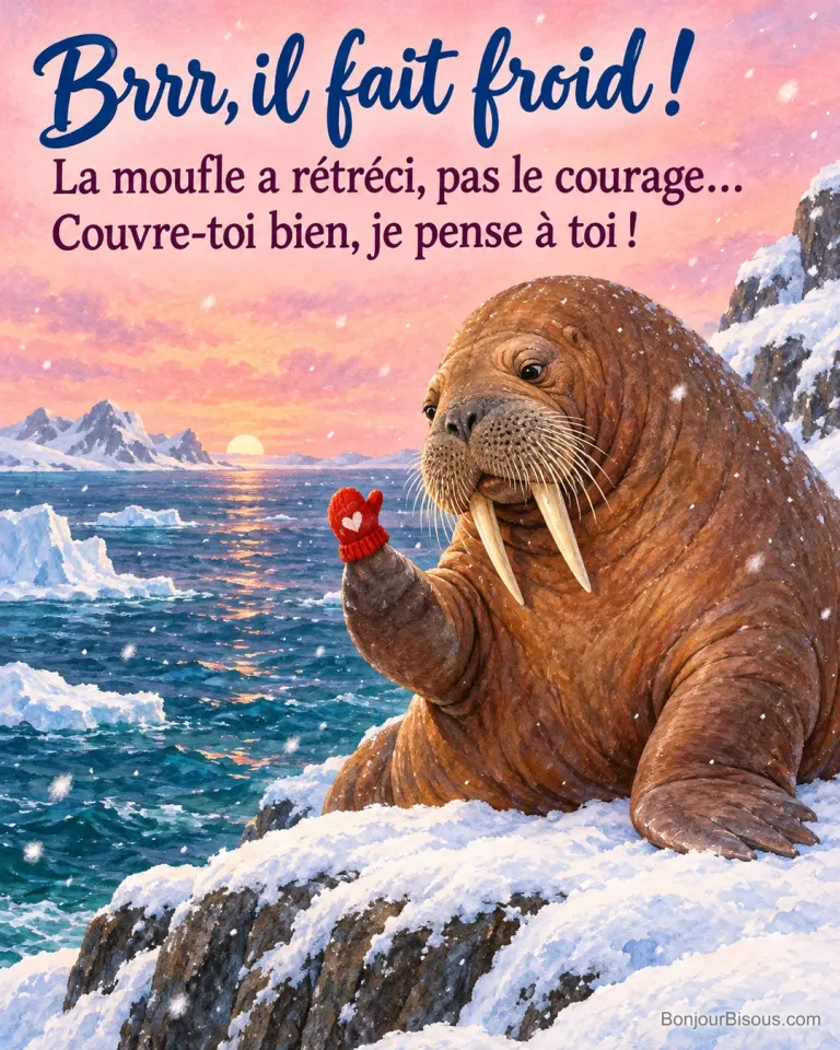 Un morse observe une minuscule moufle rouge au bout de sa grande nageoire sur un rocher enneigé, avec le texte « Brrr, il fait froid ! La moufle a rétréci, pas le courage… Couvre-toi bien, je pense à toi ! ».