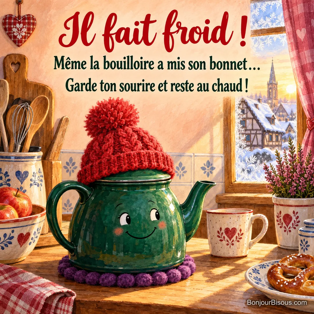 Une bouilloire émeraude souriante porte un bonnet rouge près d’une fenêtre givrée alsacienne, avec le texte « Il fait froid ! Même la bouilloire a mis son bonnet… Garde ton sourire et reste au chaud ! ». Une bouilloire émeraude souriante porte un bonnet rouge près d’une fenêtre givrée alsacienne, avec le texte « Il fait froid ! Même la bouilloire a mis son bonnet… Garde ton sourire et reste au chaud ! ».