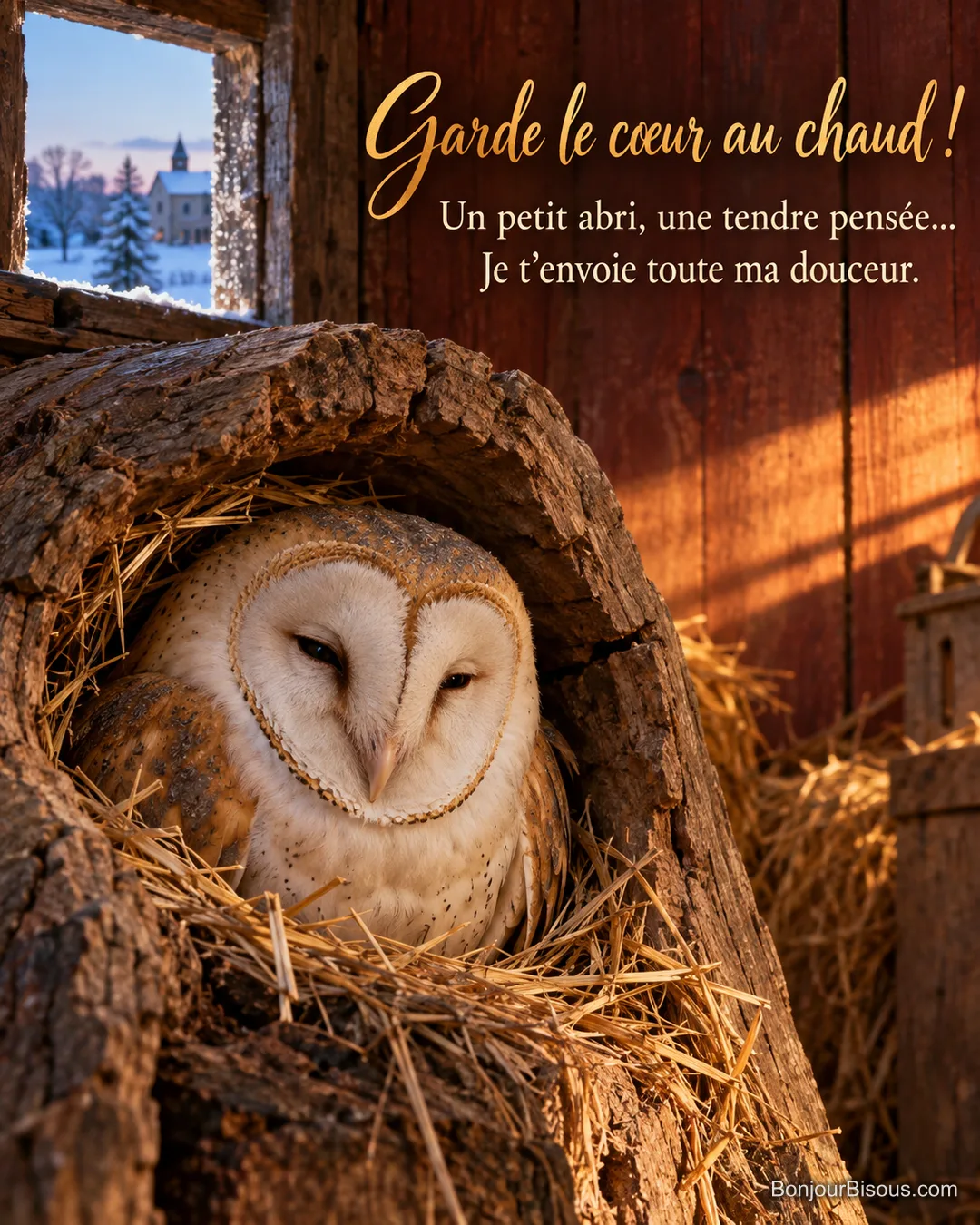 Une chouette effraie se blottit dans la paille au creux d’une poutre, à l’abri de la neige, avec le texte « Garde le cœur au chaud ! Un petit abri, une tendre pensée… Je t’envoie toute ma douceur. ». Une chouette effraie se blottit dans la paille au creux d’une poutre, à l’abri de la neige, avec le texte « Garde le cœur au chaud ! Un petit abri, une tendre pensée… Je t’envoie toute ma douceur. ».
