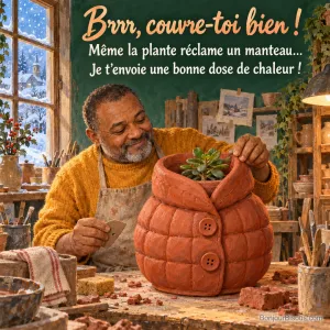 Un potier sourit devant un cache-pot en forme de manteau beaucoup trop grand pour sa petite plante, avec le texte « Brrr, couvre-toi bien ! Même la plante réclame un manteau… Je t’envoie une bonne dose de chaleur ! ».