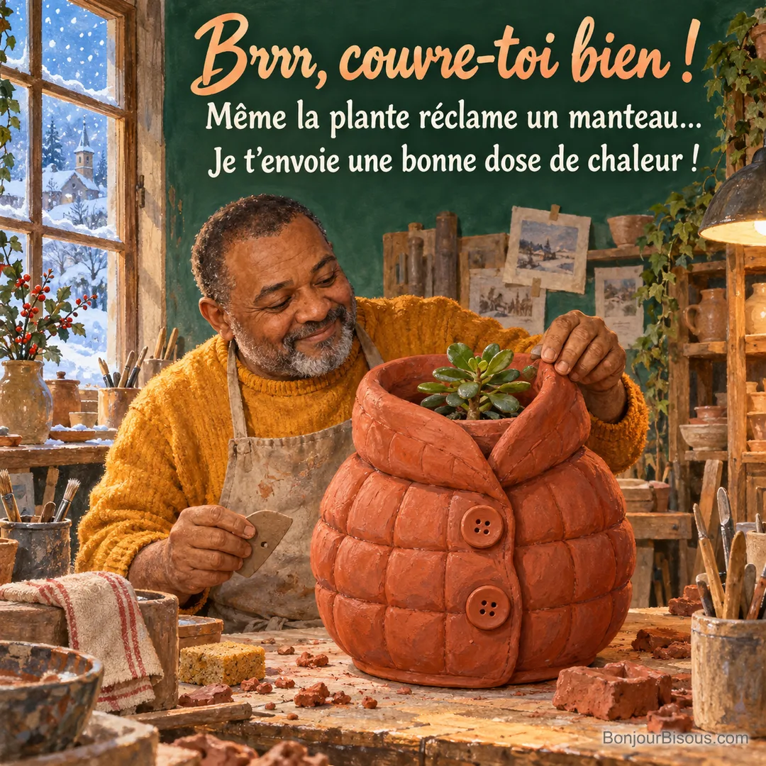 Un potier sourit devant un cache-pot en forme de manteau beaucoup trop grand pour sa petite plante, avec le texte « Brrr, couvre-toi bien ! Même la plante réclame un manteau… Je t’envoie une bonne dose de chaleur ! ». Un potier sourit devant un cache-pot en forme de manteau beaucoup trop grand pour sa petite plante, avec le texte « Brrr, couvre-toi bien ! Même la plante réclame un manteau… Je t’envoie une bonne dose de chaleur ! ».