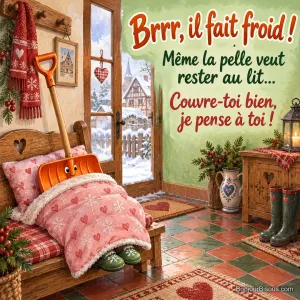 Une pelle à neige orange se réfugie sous une couette rose avec ses petits chaussons verts, avec le texte « Brrr, il fait froid ! Même la pelle veut rester au lit… Couvre-toi bien, je pense à toi ! ».