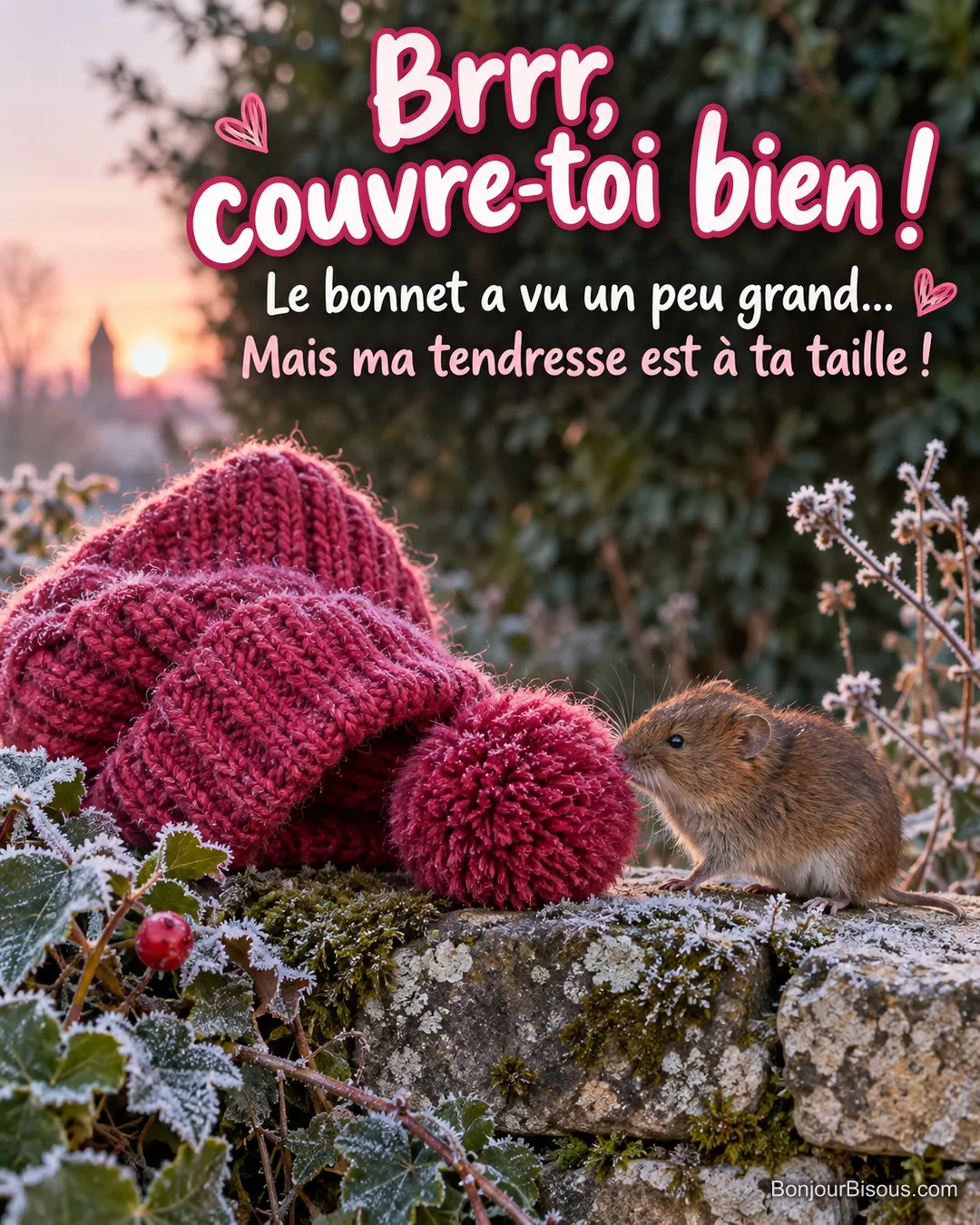 Un campagnol roussâtre pousse du museau le pompon d’un bonnet framboise beaucoup trop grand, avec le texte « Brrr, couvre-toi bien ! Le bonnet a vu un peu grand… Mais ma tendresse est à ta taille ! ». Un campagnol roussâtre pousse du museau le pompon d’un bonnet framboise beaucoup trop grand, avec le texte « Brrr, couvre-toi bien ! Le bonnet a vu un peu grand… Mais ma tendresse est à ta taille ! ».
