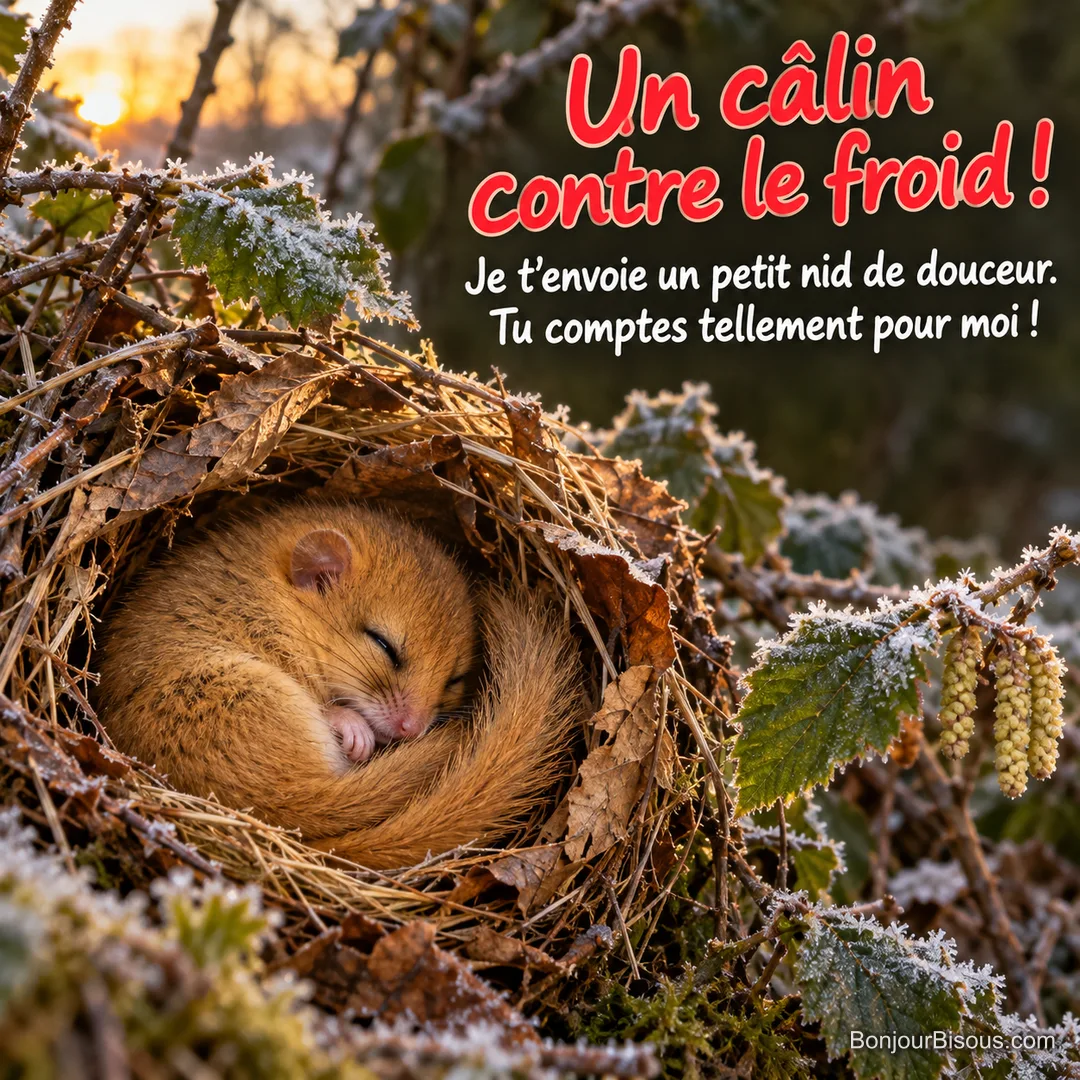 Un muscardin doré dort blotti dans un nid de feuilles à l’abri du givre, avec le texte « Un câlin contre le froid ! Je t’envoie un petit nid de douceur. Tu comptes tellement pour moi ! ». Un muscardin doré dort blotti dans un nid de feuilles à l’abri du givre, avec le texte « Un câlin contre le froid ! Je t’envoie un petit nid de douceur. Tu comptes tellement pour moi ! ».