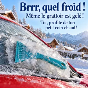 Un grattoir turquoise, lui-même prisonnier du givre, reste collé au pare-brise gelé d’une voiture rouge, avec le message « Brrr, quel froid ! Même le grattoir est gelé ! Toi, profite de ton petit coin chaud ! ».