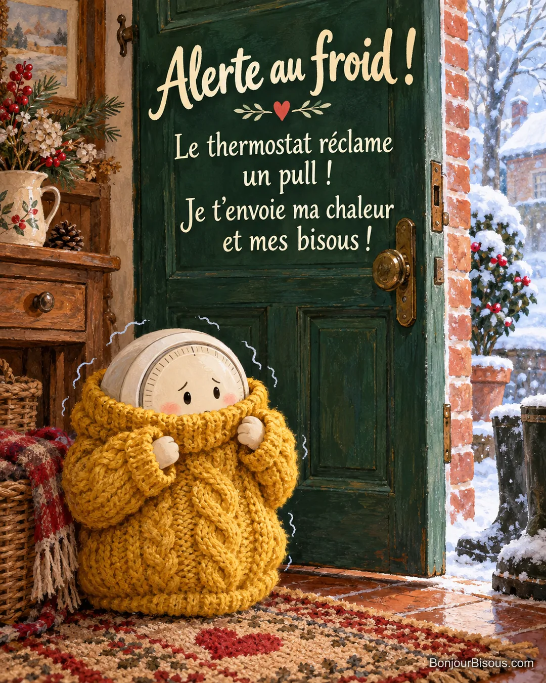 Un petit thermostat frissonnant s’enfonce dans un pull jaune, dans une entrée ouverte sur la neige, avec le message « Alerte au froid ! Le thermostat réclame un pull ! Je t’envoie ma chaleur et mes bisous ! ». Un petit thermostat frissonnant s’enfonce dans un pull jaune, dans une entrée ouverte sur la neige, avec le message « Alerte au froid ! Le thermostat réclame un pull ! Je t’envoie ma chaleur et mes bisous ! ».