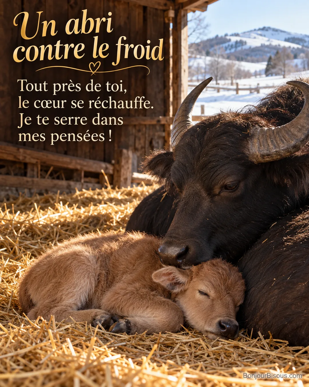 Un bufflon se repose contre le flanc protecteur de sa mère, dans la paille d’une grange enneigée, avec le message « Un abri contre le froid Tout près de toi, le cœur se réchauffe. Je te serre dans mes pensées ! ».