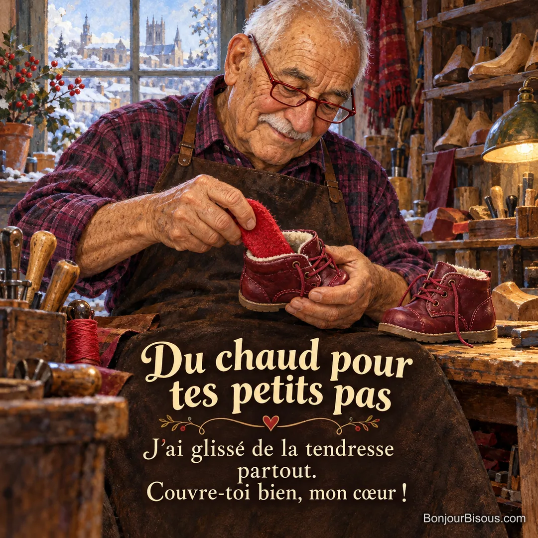Un cordonnier aux lunettes rouges glisse une semelle de laine dans une petite chaussure bordeaux, avec le message « Du chaud pour tes petits pas J’ai glissé de la tendresse partout. Couvre-toi bien, mon cœur ! ». Un cordonnier aux lunettes rouges glisse une semelle de laine dans une petite chaussure bordeaux, avec le message « Du chaud pour tes petits pas J’ai glissé de la tendresse partout. Couvre-toi bien, mon cœur ! ».