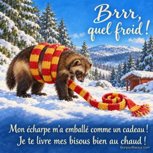 Un glouton se retrouve entouré d’une très longue écharpe rouge et jaune dont l’extrémité serpente sur la neige, avec le message « Brrr, quel froid ! Mon écharpe m’a emballé comme un cadeau ! Je te livre mes bisous bien au chaud ! ».