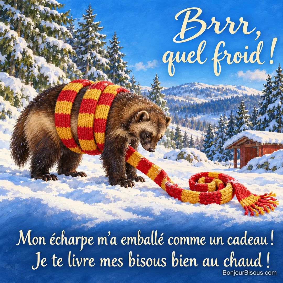 Un glouton se retrouve entouré d’une très longue écharpe rouge et jaune dont l’extrémité serpente sur la neige, avec le message « Brrr, quel froid ! Mon écharpe m’a emballé comme un cadeau ! Je te livre mes bisous bien au chaud ! ». Un glouton se retrouve entouré d’une très longue écharpe rouge et jaune dont l’extrémité serpente sur la neige, avec le message « Brrr, quel froid ! Mon écharpe m’a emballé comme un cadeau ! Je te livre mes bisous bien au chaud ! ».