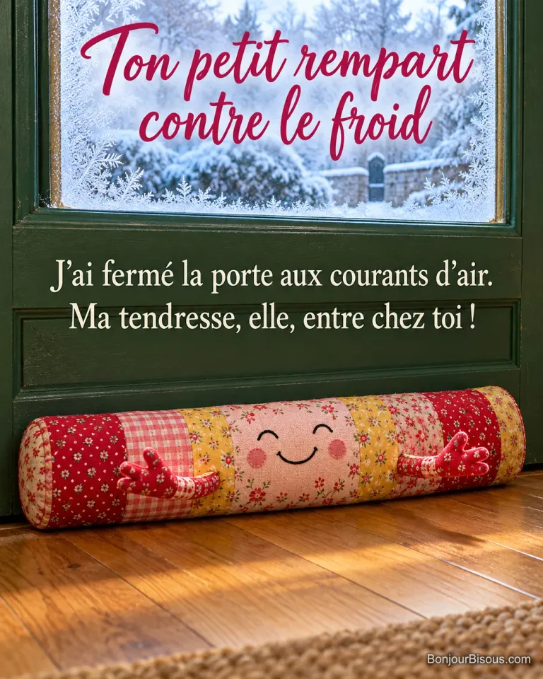 Un boudin de porte en patchwork rouge et rose, au visage brodé souriant et aux petits bras ouverts, protège une entrée chaleureuse tandis que le givre reste derrière la vitre, avec le message « Ton petit rempart contre le froid J’ai fermé la porte aux courants d’air. Ma tendresse, elle, entre chez toi ! ».