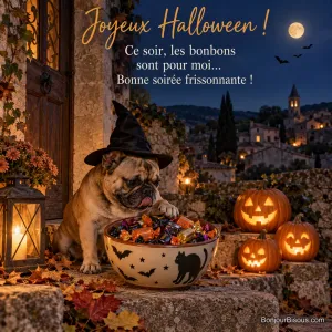 Photo d’un bouledogue français coiffé d’un chapeau de sorcière, la patte sur un saladier de bonbons devant une porte de village, avec des citrouilles sculptées et la pleine lune, avec le texte « Joyeux Halloween ! Ce soir, les bonbons sont pour moi… Bonne soirée frissonnante ! »