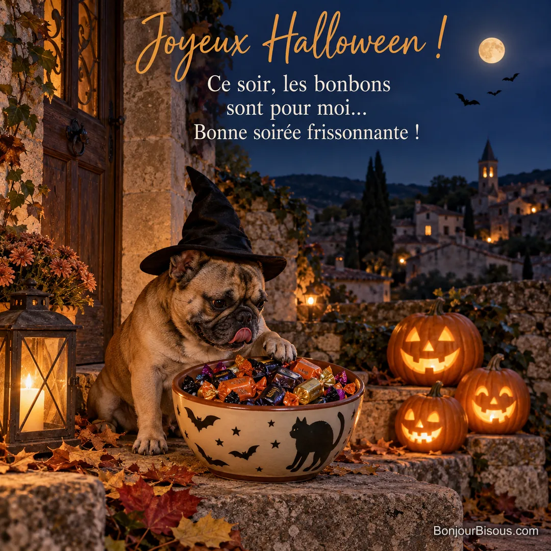 Photo d’un bouledogue français coiffé d’un chapeau de sorcière, la patte sur un saladier de bonbons devant une porte de village, avec des citrouilles sculptées et la pleine lune, avec le texte « Joyeux Halloween ! Ce soir, les bonbons sont pour moi… Bonne soirée frissonnante ! »