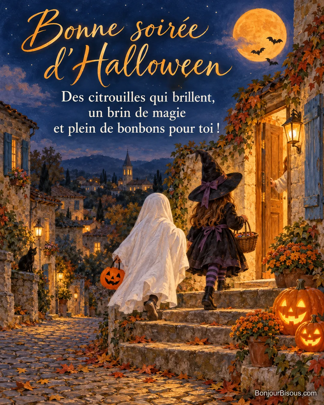Peinture de deux enfants déguisés en fantôme et en sorcière, vus de dos, qui montent vers une porte éclairée dans une ruelle pavée avec des citrouilles et une grande lune, avec le texte « Bonne soirée d’Halloween – Des citrouilles qui brillent, un brin de magie et plein de bonbons pour toi ! »
