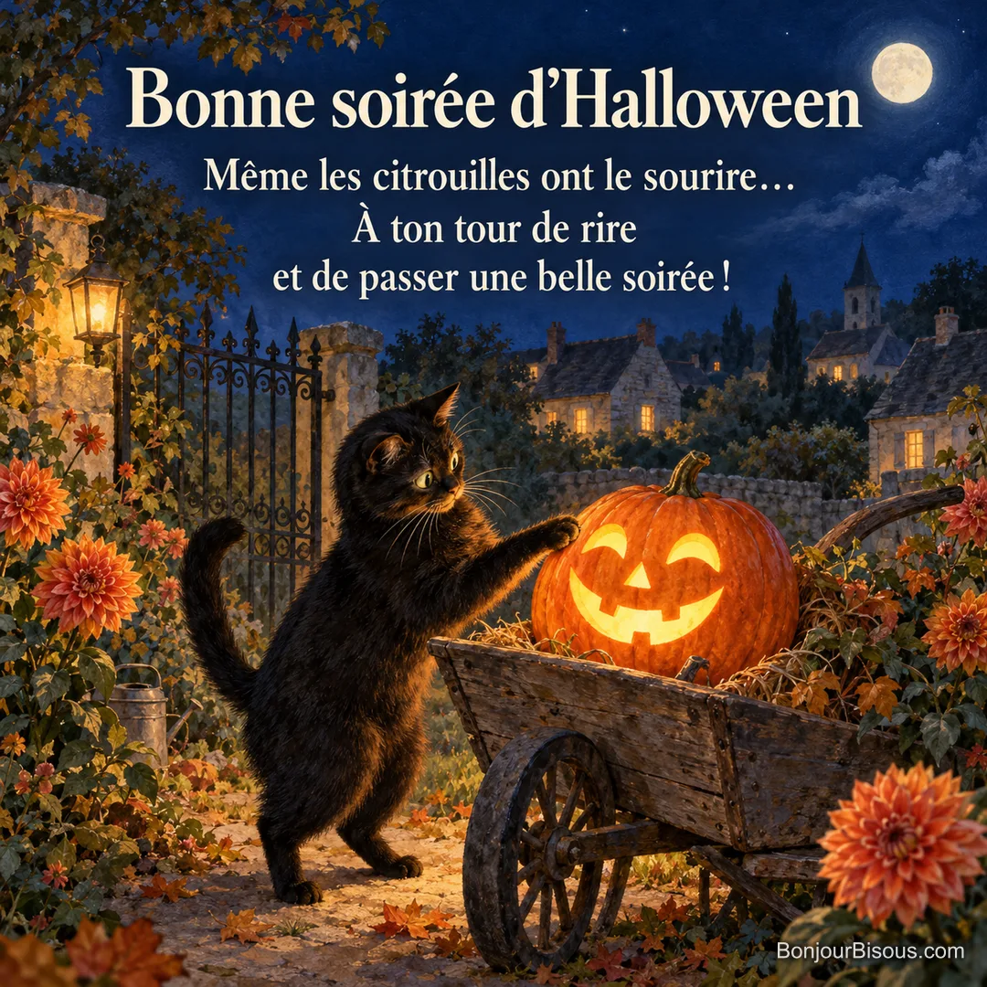 Un chat noir surpris touche une citrouille souriante dans une brouette de jardin avec le texte « Bonne soirée d’Halloween Même les citrouilles ont le sourire… À ton tour de rire et de passer une belle soirée ! ».