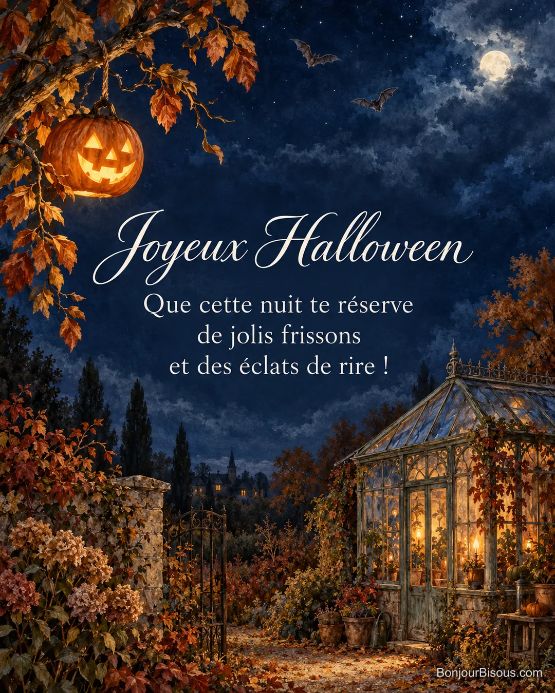 Une lanterne en forme de citrouille éclaire une serre ancienne sous deux chauves-souris avec le texte « Joyeux Halloween Que cette nuit te réserve de jolis frissons et des éclats de rire ! ».