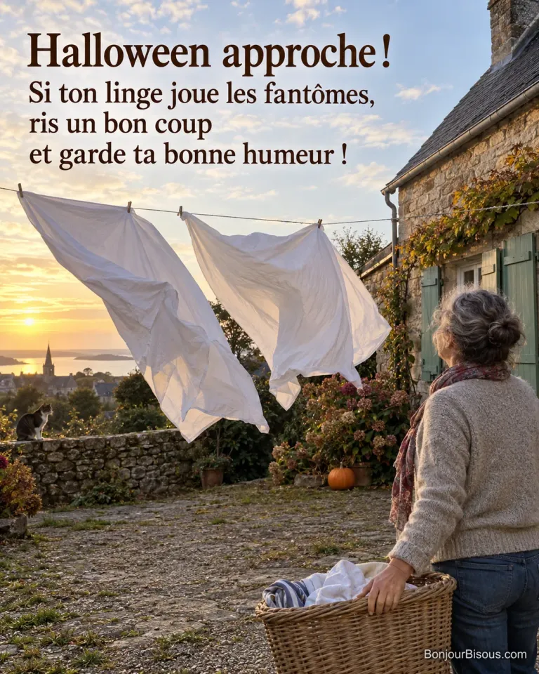 Une femme regarde deux draps soulevés par le vent dans une cour bretonne avec le texte « Halloween approche ! Si ton linge joue les fantômes, ris un bon coup et garde ta bonne humeur ! ».