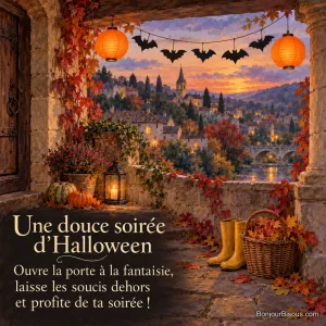 Une guirlande de cinq chauves-souris en papier flotte sous un porche avec deux lanternes orange avec le texte « Une douce soirée d’Halloween Ouvre la porte à la fantaisie, laisse les soucis dehors et profite de ta soirée ! ».