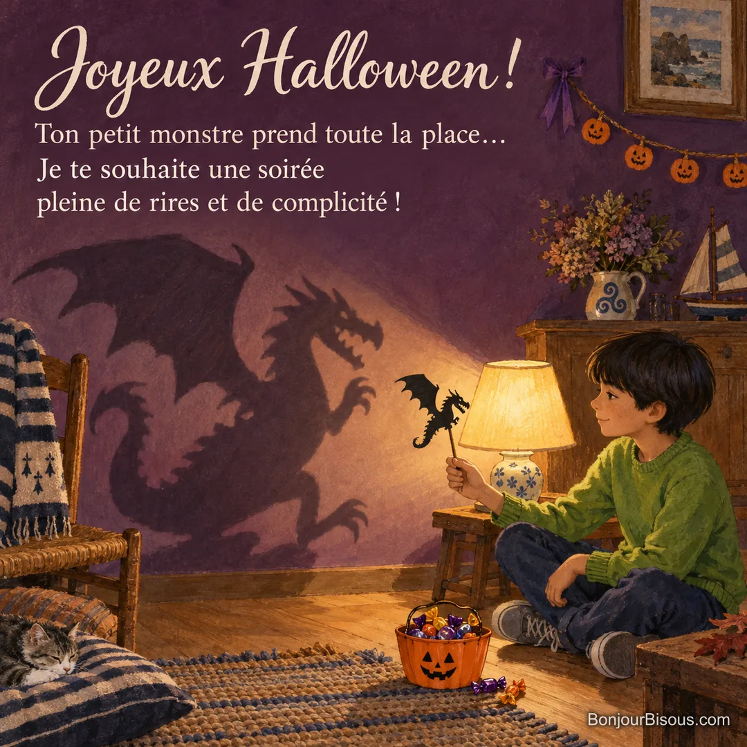 Un garçon anime un dragon de papier dont la grande ombre envahit le mur décoré pour Halloween, près d’un chat endormi, avec le texte « Joyeux Halloween ! Ton petit monstre prend toute la place… Je te souhaite une soirée pleine de rires et de complicité ! ».