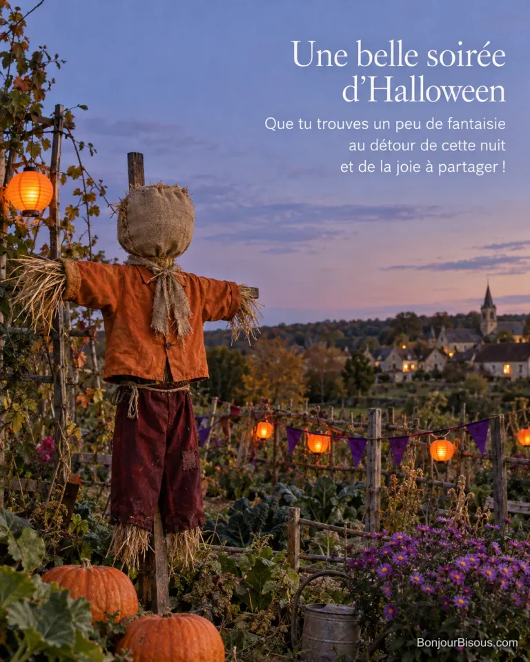Un épouvantail de paille en veste orange veille sur un potager du Berry décoré de lanternes et d’asters, avec le texte « Une belle soirée d’Halloween Que tu trouves un peu de fantaisie au détour de cette nuit et de la joie à partager ! ».