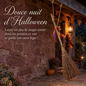 Un balai de paille suspendu par deux ficelles se balance sous un porche décoré d’orange et de violet, avec le texte « Douce nuit d’Halloween Laisse un peu de magie entrer dans tes pensées ce soir et garde ton cœur léger ! ».