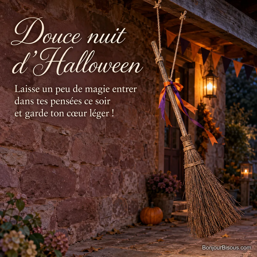 Un balai de paille suspendu par deux ficelles se balance sous un porche décoré d’orange et de violet, avec le texte « Douce nuit d’Halloween Laisse un peu de magie entrer dans tes pensées ce soir et garde ton cœur léger ! ».
