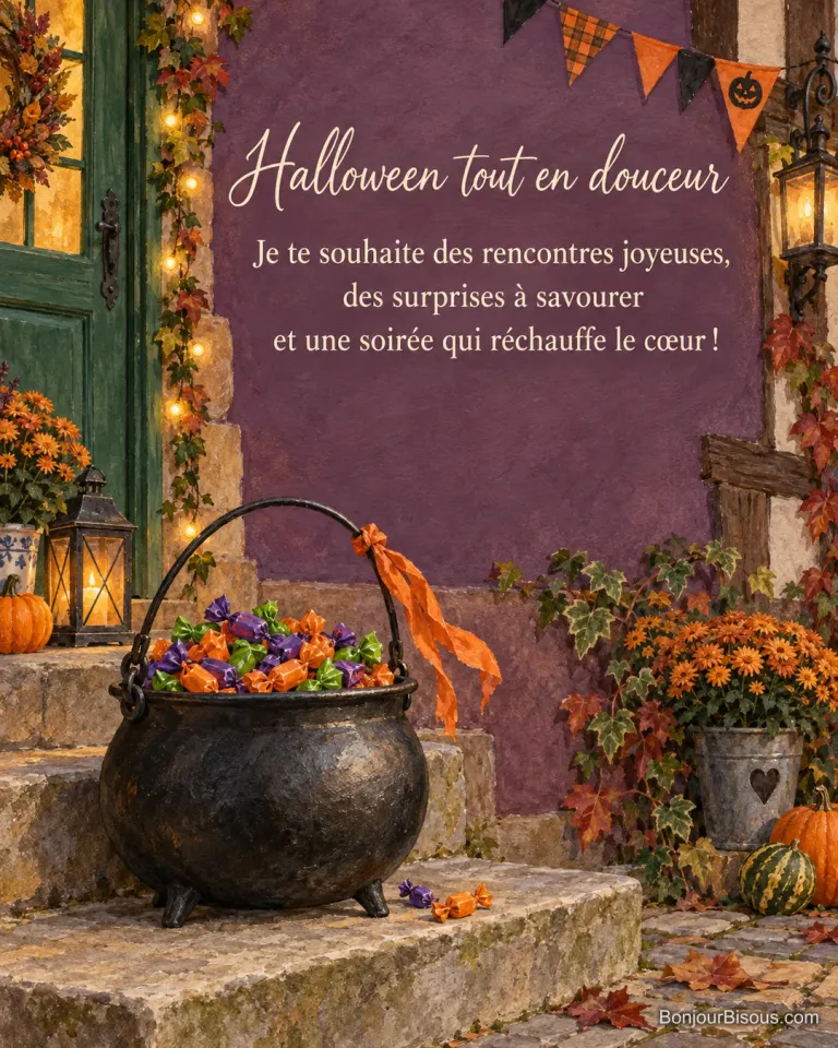 Un chaudron de fonte rempli de bonbons colorés attend sur les marches d’une maison alsacienne décorée pour Halloween, avec le texte « Halloween tout en douceur Je te souhaite des rencontres joyeuses, des surprises à savourer et une soirée qui réchauffe le cœur ! ».
