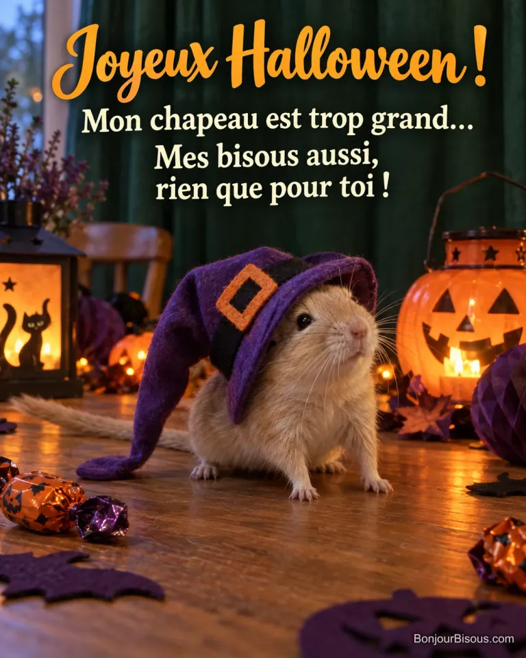 Une gerbille découvre un chapeau de sorcière violet trop grand pour ses oreilles, avec le texte « Joyeux Halloween ! Mon chapeau est trop grand… Mes bisous aussi, rien que pour toi ! ».