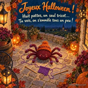 Une araignée en laine emmêle ses huit pattes dans un petit tricot violet, avec le texte « Joyeux Halloween ! Huit pattes, un seul tricot… Tu vois, on s’emmêle tous un peu ! ».