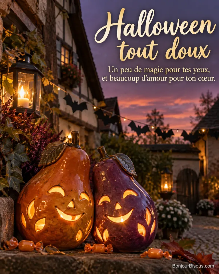 Deux lanternes en céramique orange et violette se touchent tendrement pour Halloween, avec le texte « Halloween tout doux Un peu de magie pour tes yeux, et beaucoup d’amour pour ton cœur. ».