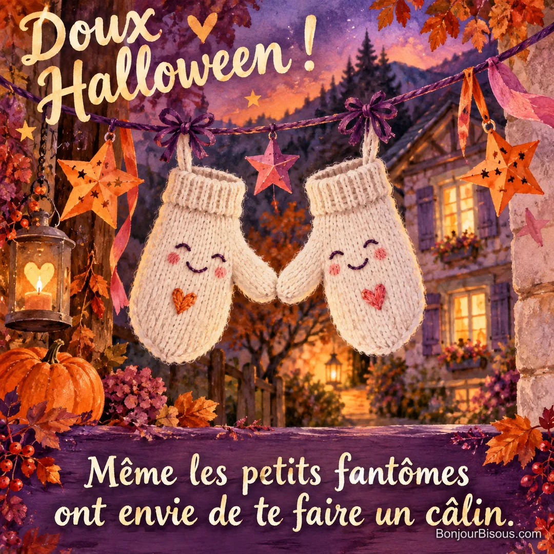 Deux mitaines fantômes souriantes se tiennent par les pouces sur une guirlande, avec le texte « Doux Halloween ! Même les petits fantômes ont envie de te faire un câlin. ».