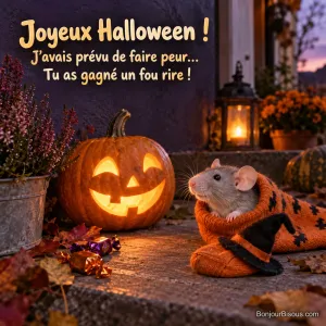 Un rat dumbo découvre sa tenue d’Halloween depuis une chaussette orange près d’une lanterne, avec le texte « Joyeux Halloween ! J’avais prévu de faire peur… Tu as gagné un fou rire ! ».