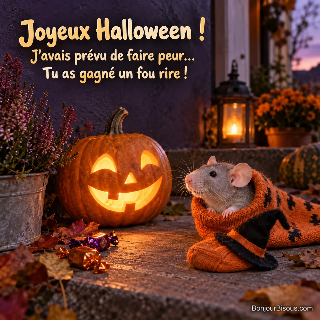 Un rat dumbo découvre sa tenue d’Halloween depuis une chaussette orange près d’une lanterne, avec le texte « Joyeux Halloween ! J’avais prévu de faire peur… Tu as gagné un fou rire ! ».