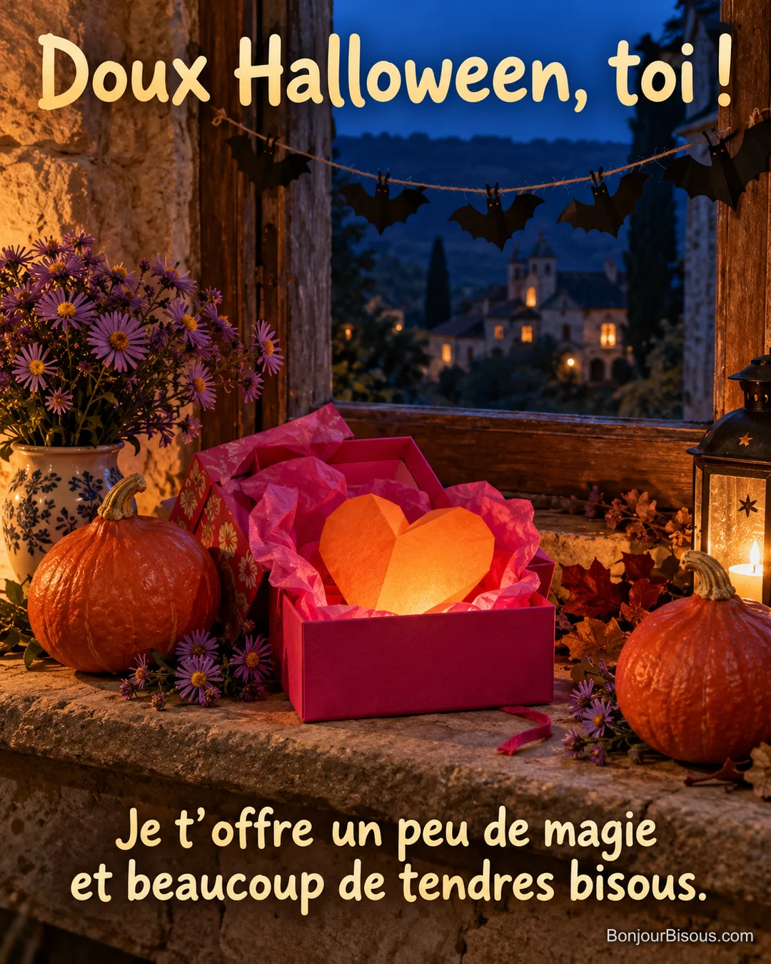 Un cadeau rose révèle un cœur orange lumineux parmi des potimarrons et des asters violets, avec le texte « Doux Halloween, toi ! Je t’offre un peu de magie et beaucoup de tendres bisous. ».
